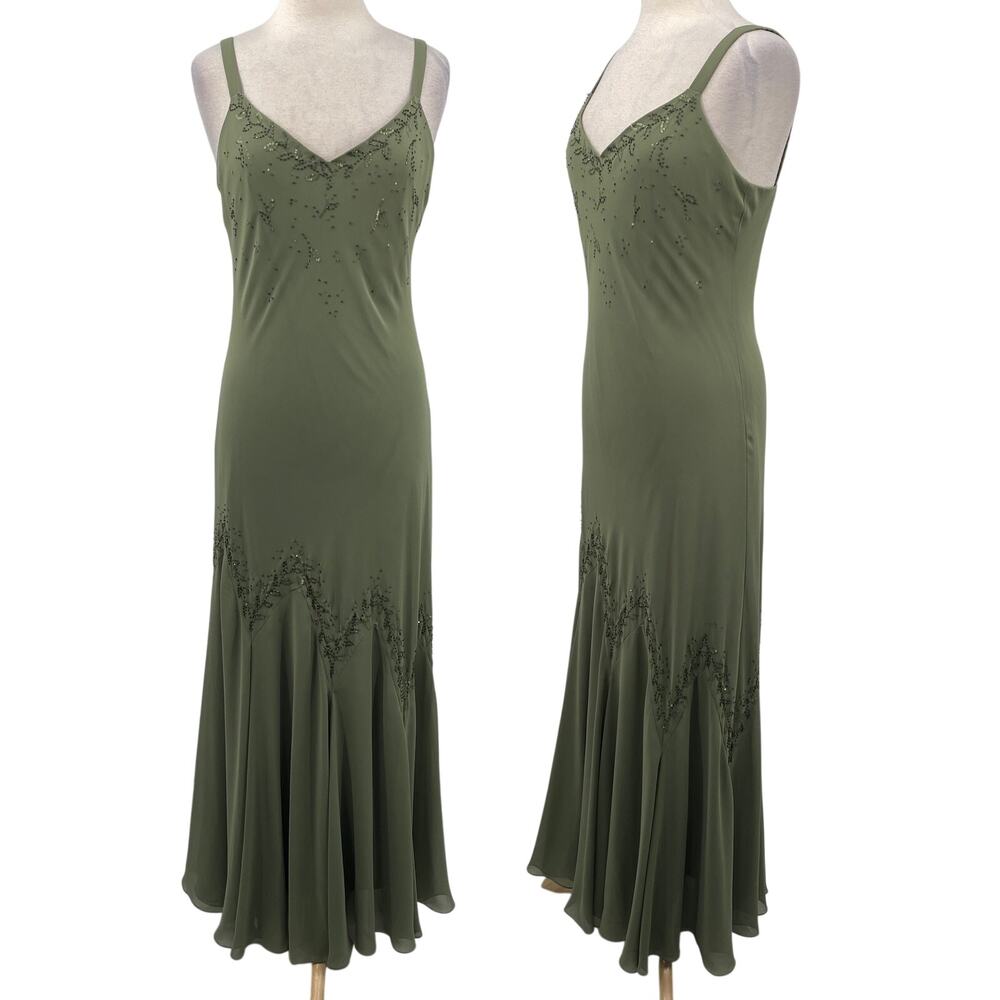 Vintage Y2k Beaded Fairy Princess Bias Cut Maxi Dress V Neck Gown Sage Green 8
